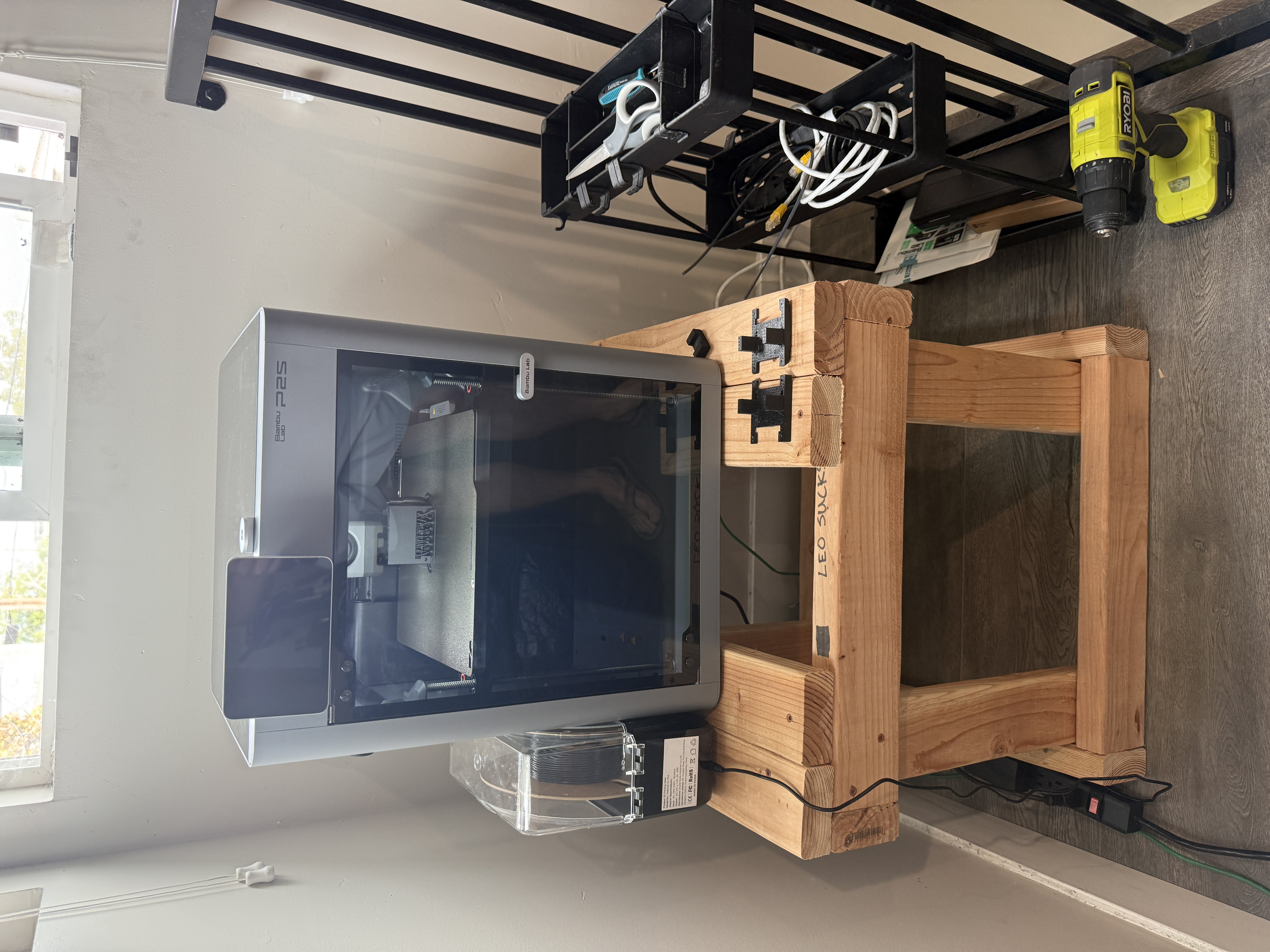Bambu Lab P2S printer on custom stand