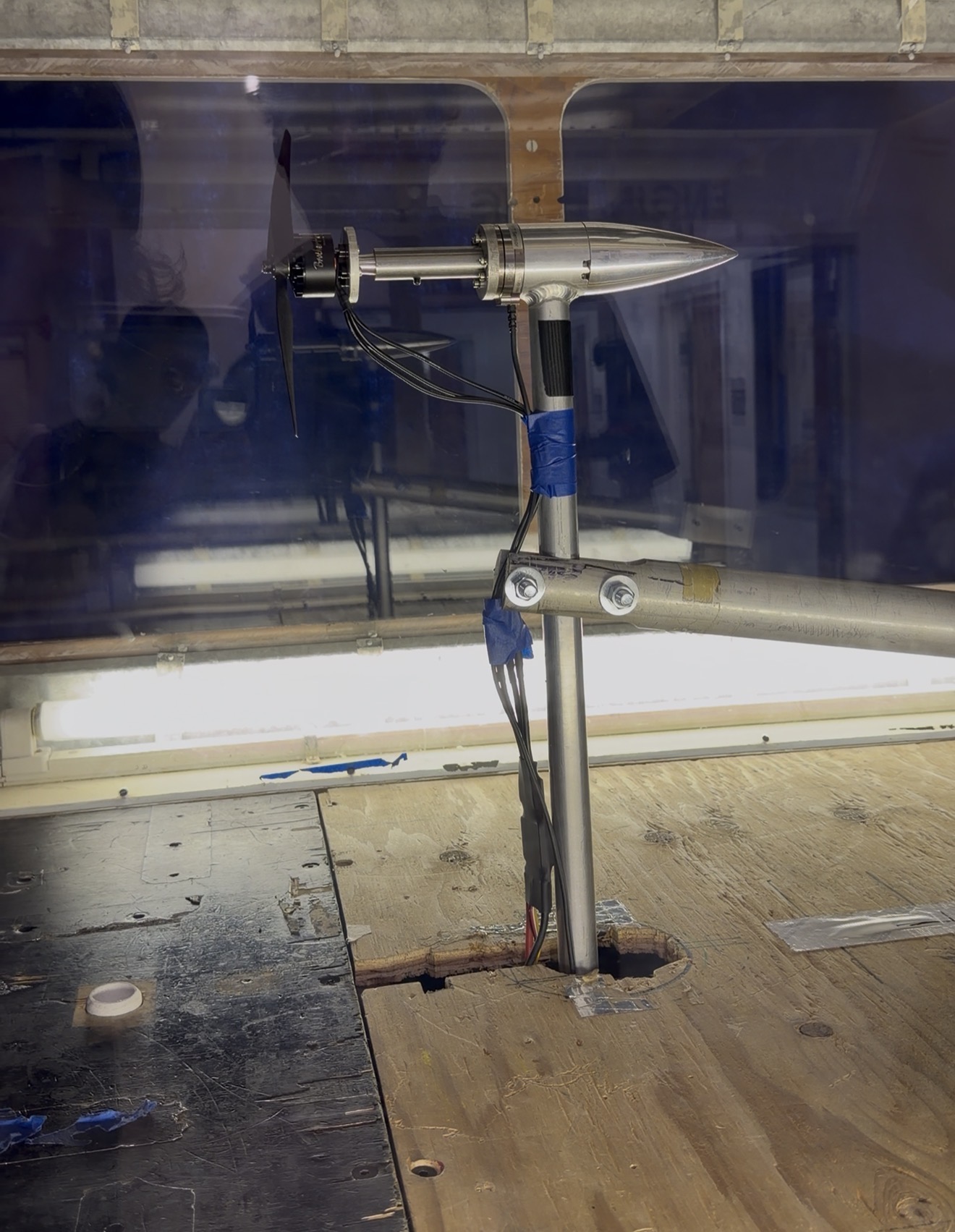 Motor and propeller mounted inside SDSU wind tunnel